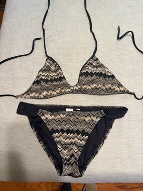 LSPACE Triangle Bikini Set in Black and Beige Zigzag